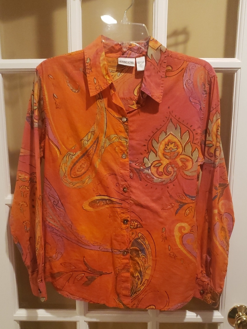 Chico's Light-weight Orange Paisley Pattern Button-down Size: M (Chico's 1)